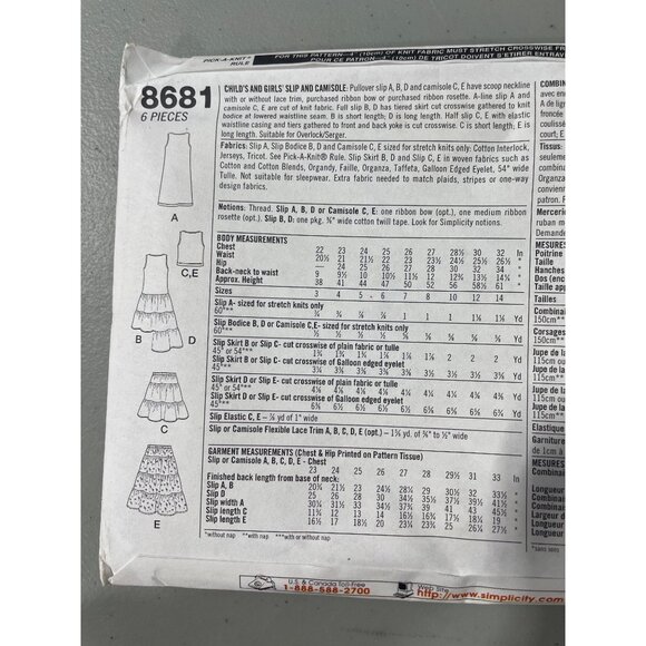 80s Simplicity 8681 Sewing Pattern Sizes 8 10 12 14 Childs Girls Slip Cami UNCUT - Picture 4 of 7